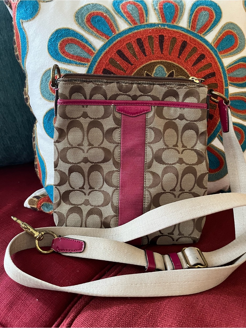 Coach Khaki Signature Canvas Crossbody with Pink Trim